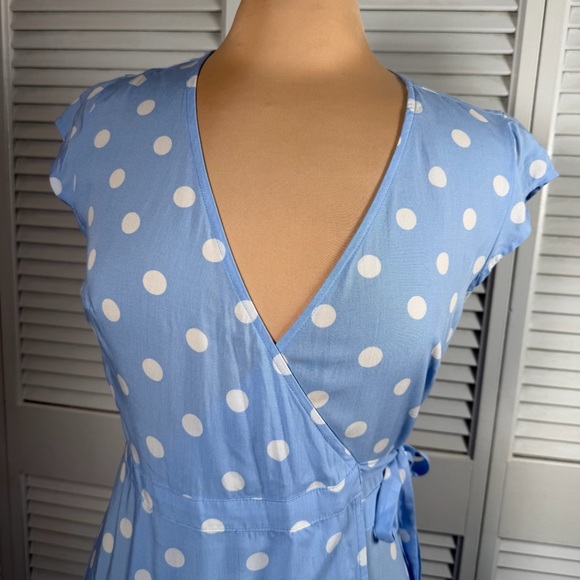 Blue Polka Dot Wrap Midi Dress Open Back XXS Fits XS - Picture 3 of 14